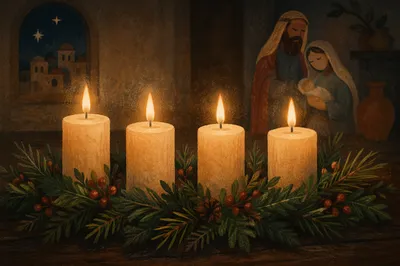 Lit Advent Wreath with Four Candles