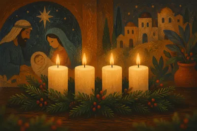 Four Lit Advent Candles on Evergreen Wreath