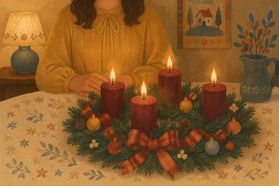 Four Lit Advent Candles on Evergreen Wreath