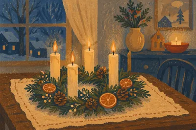 Lit Advent Wreath on Rustic Winter Table