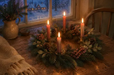 Four Lit Advent Candles at Twilight
