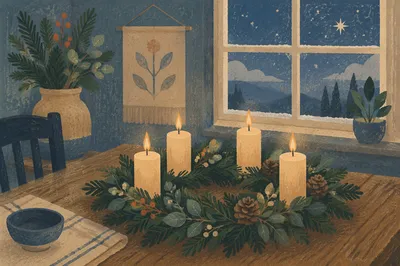 Advent Wreath with Four Glowing Candles