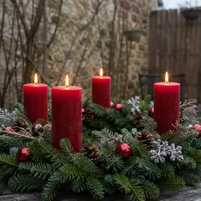 Four Lit Red Candles Advent Wreath