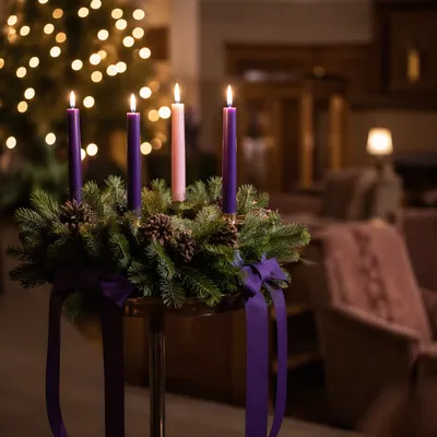 Lit Advent Wreath in Cozy Gathering Space
