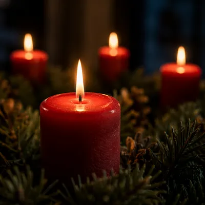 Four Lit Advent Candles in Evergreen Wreath