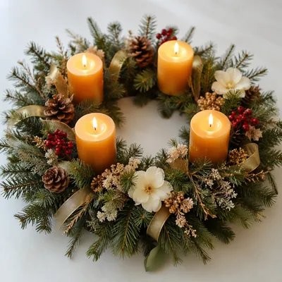 Lit Advent Wreath with Gold Candles