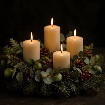 Lit Advent Wreath with Four Ivory Candles