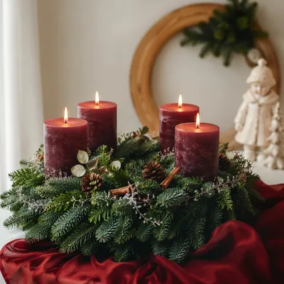 Lit Advent Wreath with Burgundy Candles