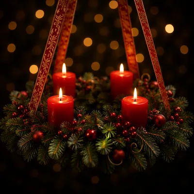 Lit Advent Wreath with Red Candles
