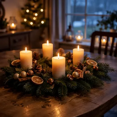 Advent Wreath With Four Lit Candles