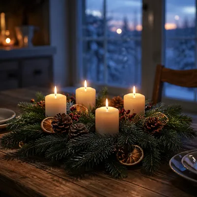 Advent Wreath with Four Lit Candles