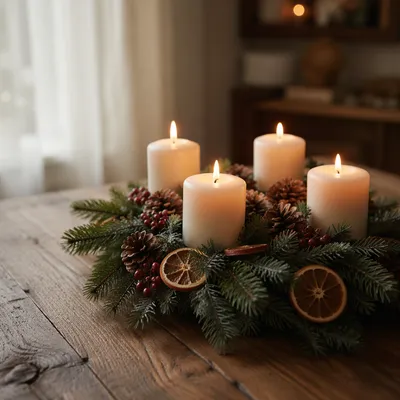 Lit Advent Wreath on Rustic Table