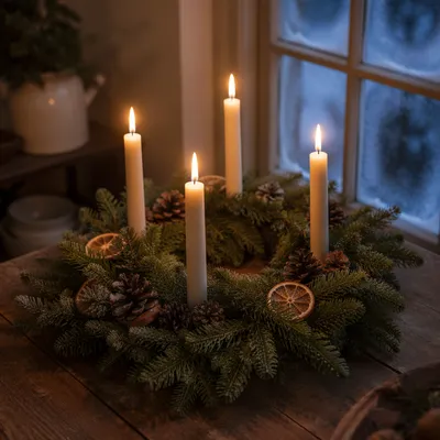 Lit Advent Wreath by Frosted Window