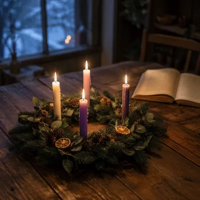 Lit Advent Wreath at Winter Blue Hour
