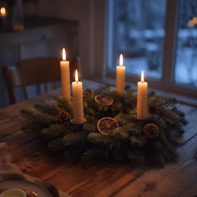 Advent Wreath with Four Lit Candles
