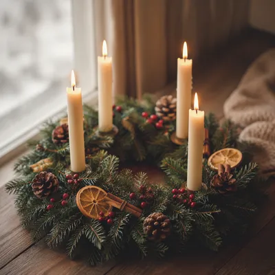 Advent Wreath with Four Lit Candles