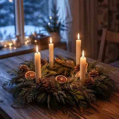Glowing Advent Wreath on Rustic Table