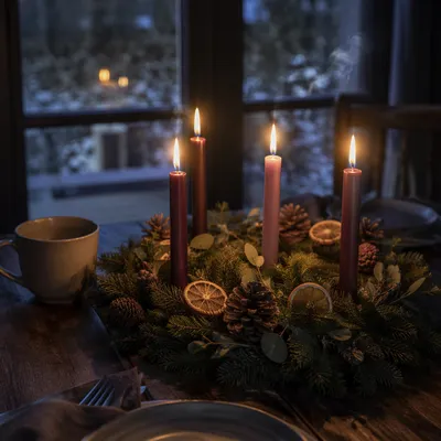 Four Lit Advent Candles at Dusk
