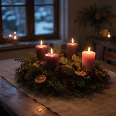 Lit Advent Wreath at Winter Twilight