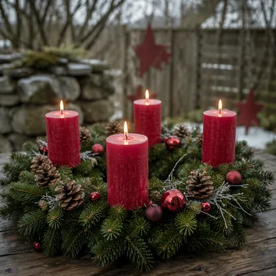 Outdoor Advent Wreath with Four Lit Candles