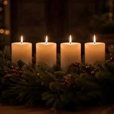 Four Lit Advent Candles in Evergreen Wreath