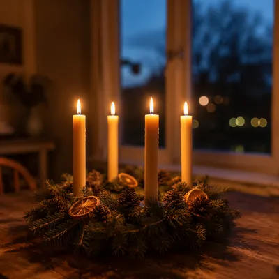 Four Lit Candles on Advent Wreath