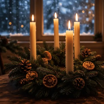Advent Wreath with Four Lit Candles