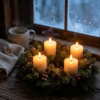 Four Lit Advent Candles by Frosted Window