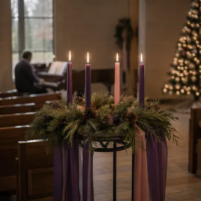 Lit Advent Wreath in Quiet Sanctuary