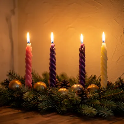 Lit Advent Wreath With Four Candles