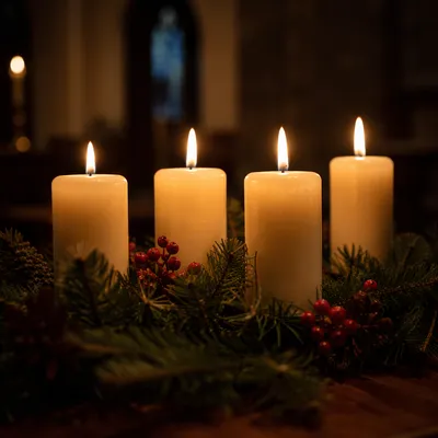 Four Lit Advent Candles with Evergreen Wreath
