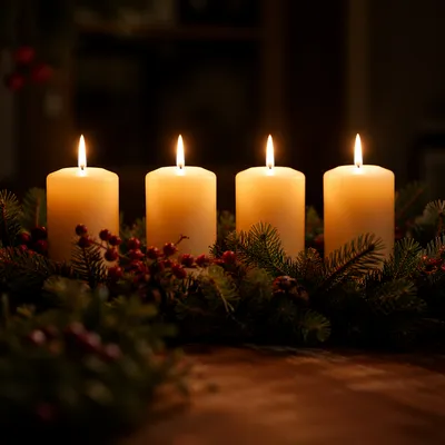 Four Lit Advent Candles on Evergreen Wreath