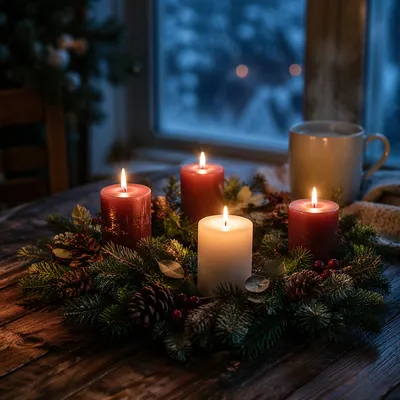Advent Wreath with Four Glowing Candles