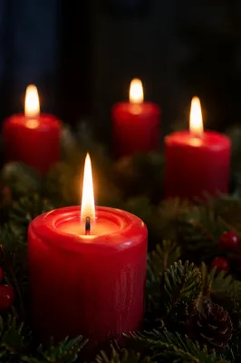 Four Lit Advent Candles in Evergreen Wreath