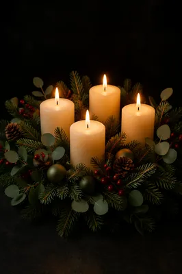 Lit Advent Wreath with Four Ivory Candles