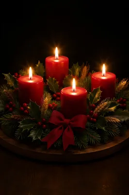 Lit Advent Wreath with Red Candles