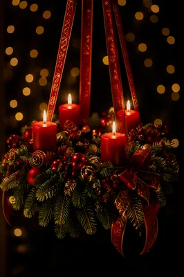 Lit Advent Wreath with Red Candles