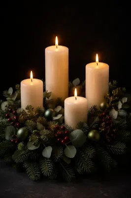 Lit Advent Wreath with Ivory Candles