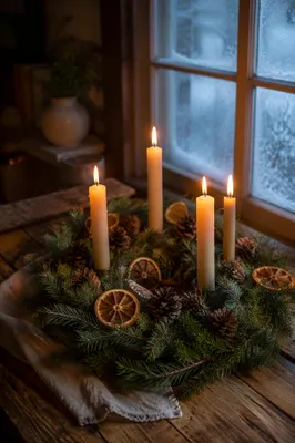 Lit Advent Wreath by Frosted Window