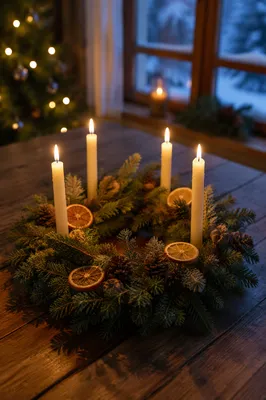 Four Lit Candles on Rustic Advent Wreath