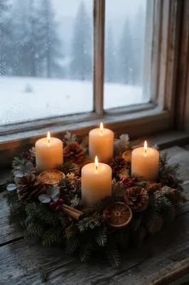 Rustic Advent Wreath with Four Lit Candles