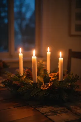 Four Lit Advent Candles on Rustic Wreath