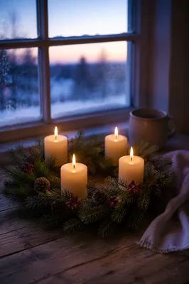 Lit Advent Wreath at Winter Dawn