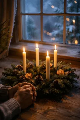 Lit Advent Wreath by Frosted Window