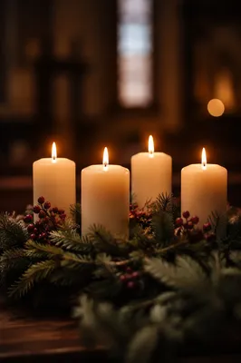 Four Lit Advent Candles in Evergreen Wreath