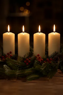 Four Lit Advent Candles on Evergreen Wreath
