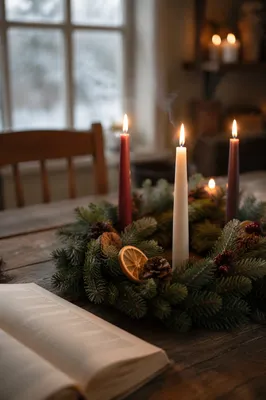 Four Lit Advent Candles on Rustic Table