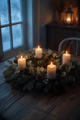 Four Lit Advent Candles by Frosted Window