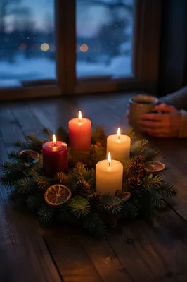 Four Lit Advent Candles at Winter Twilight