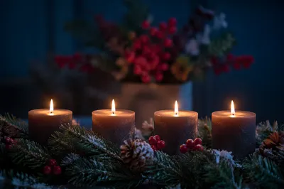 Lit Advent Wreath with Evergreen Candles